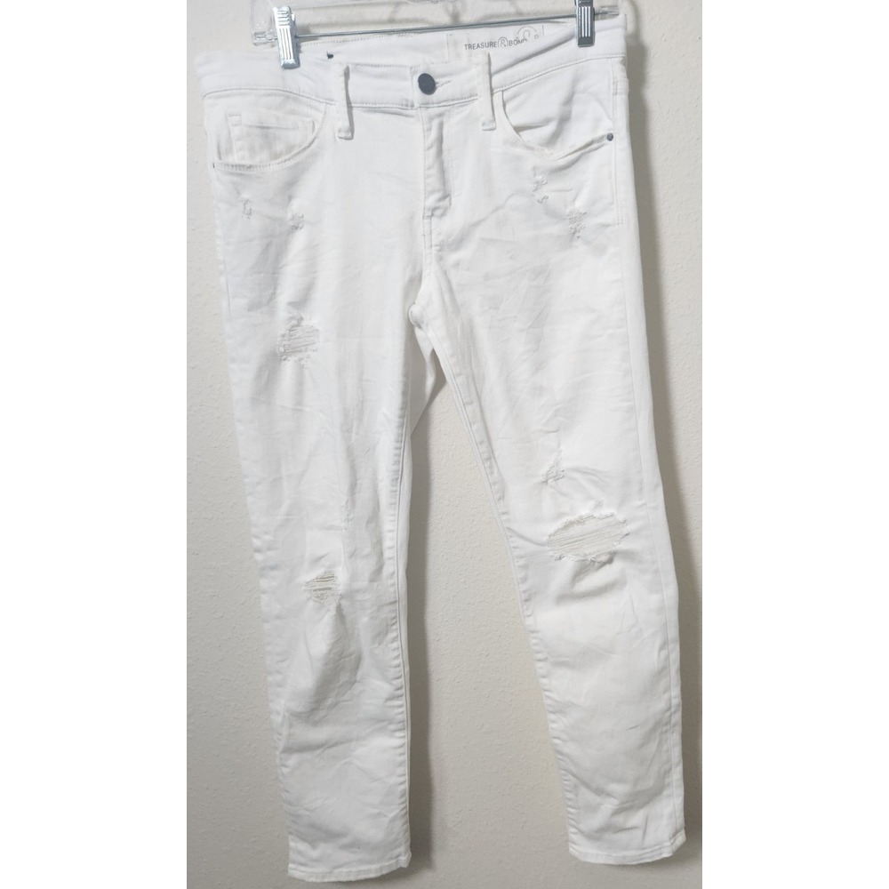 Treasure & Bond Women's Skinny Boyfriend Cropped Distressed White Jeans Size 27